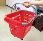 Panier en plastique de chariot à achats de roulement rouge/panier portatif de stockage avec des roues