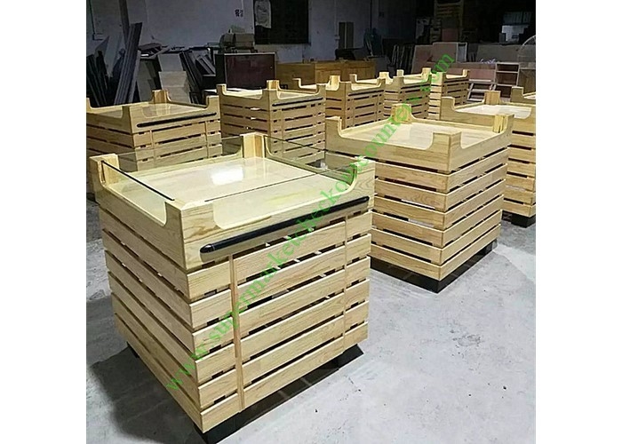 Support de fruit en bois d'hypermarché durable avec la rambarde acrylique sur le dessus